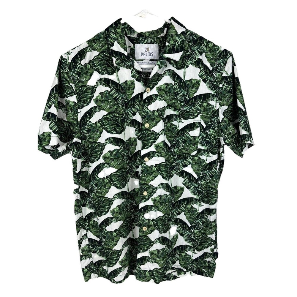 28 Palms Men's Short Sleeve Hawaiian Green Palm‎ Leaf Button Up Shirt Size Small